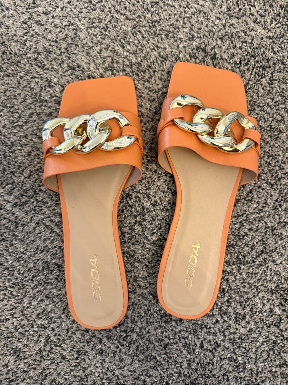 SODA Orange Slide Sandals with Gold Chain Accent